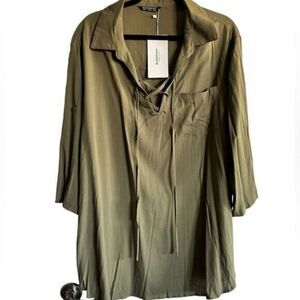 NWT BloomChic Plus Size Olive Green Tunic Cross Tie Neckline Roll Sleeve Size 4X